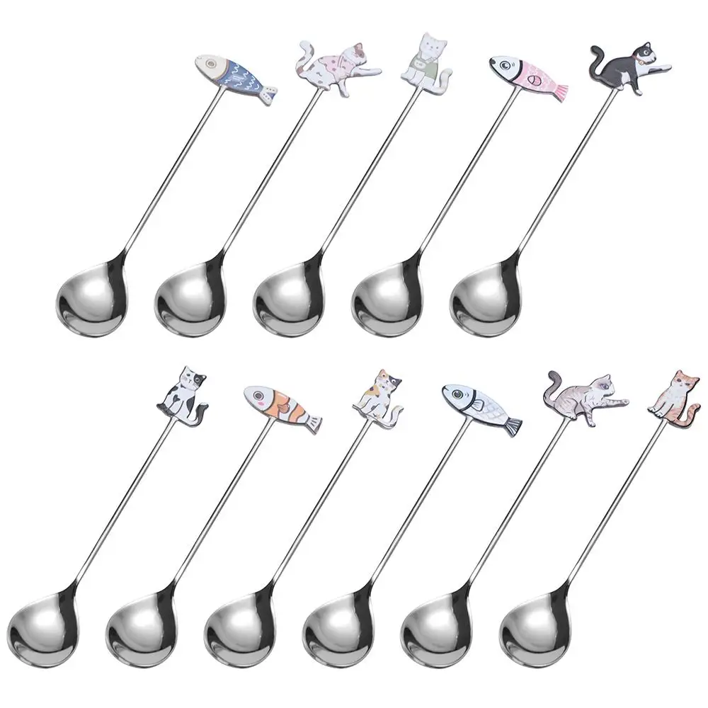 Креативная полированная ложка из нержавеющей стали с изображением кошки и рыбы
