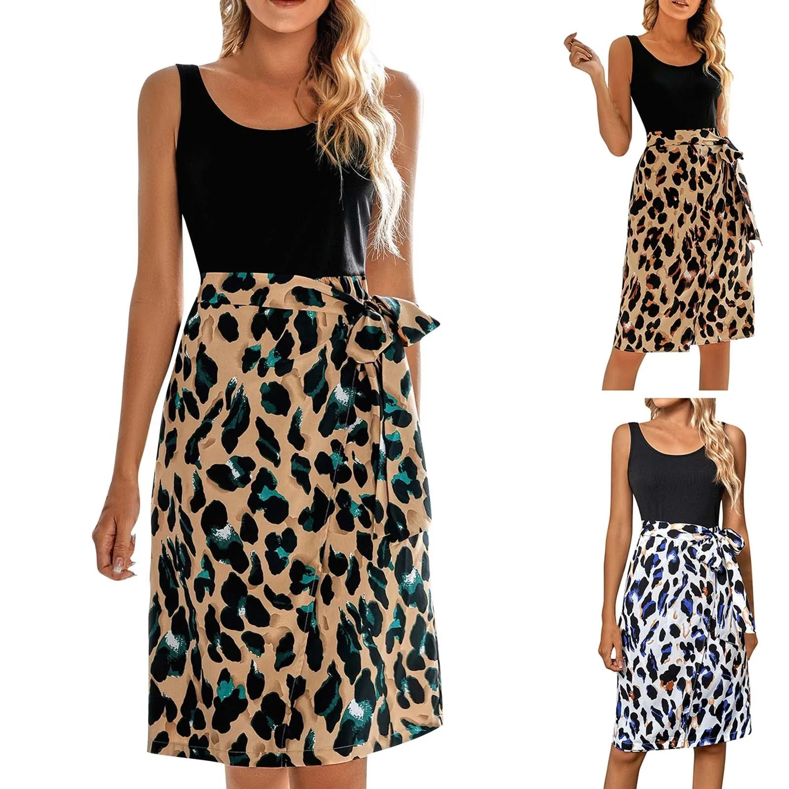 

Fashion Dresses Women 2023 New Casual Round Neck Splicing Leopard Print Sleeveless Dress Cheap Dresses With Free Shipping