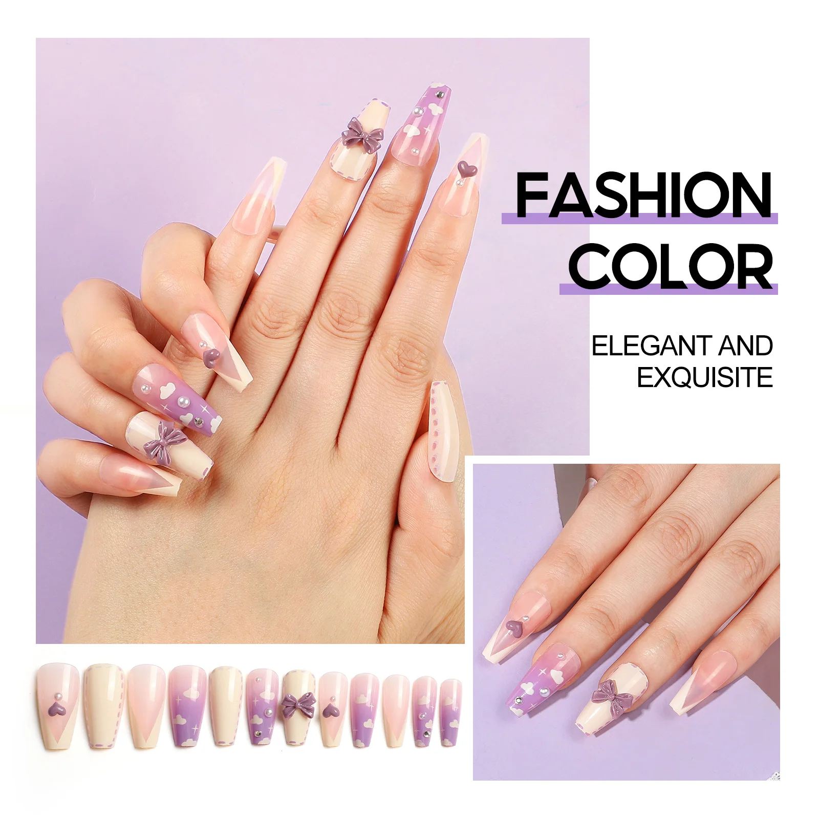 

False Nails Kit 12pc Nude Color Press On Fake Nails Full Cover Wearable Nail Tips with Manicure Tools Adhesive Glue for Nail Art