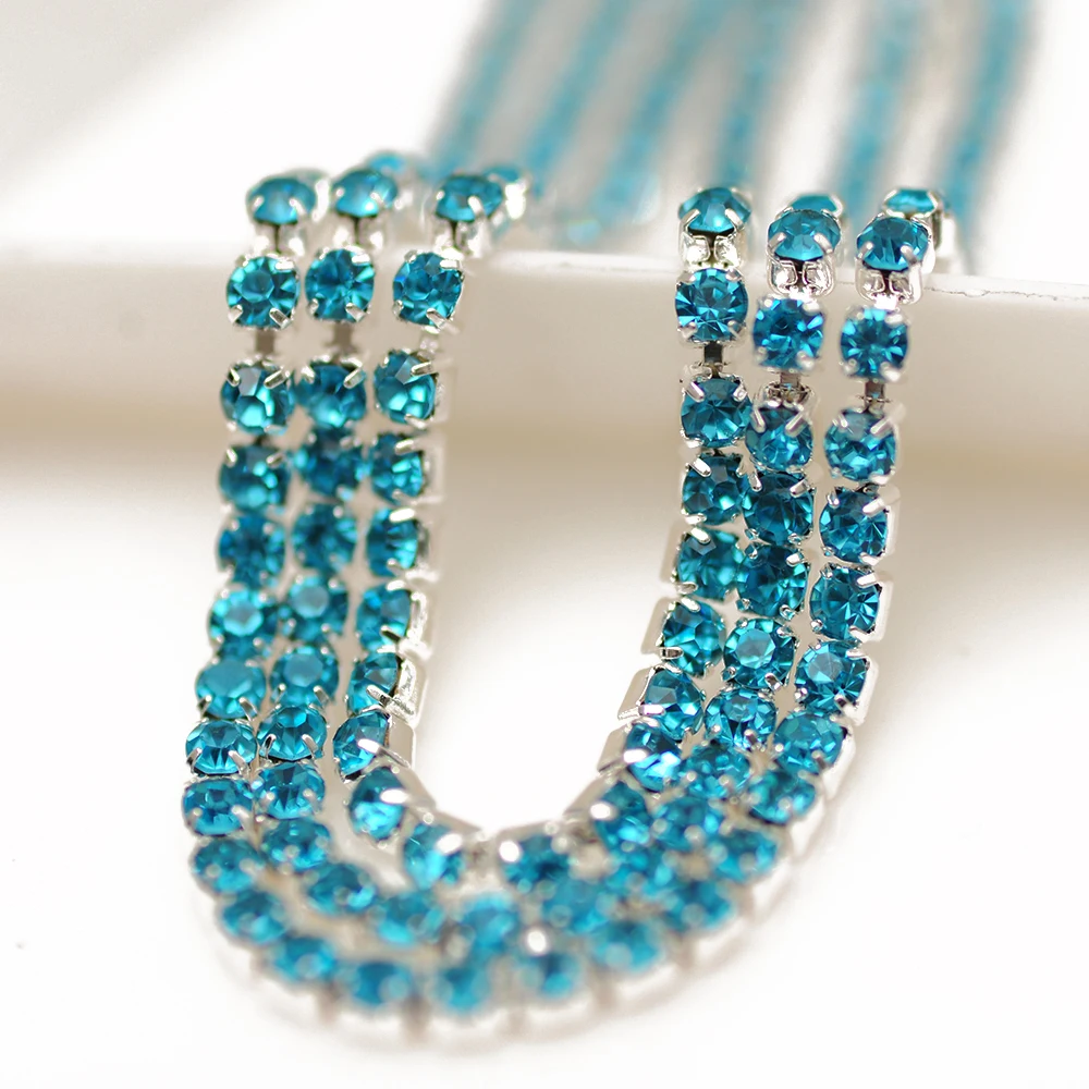 

SS6,8,10,12 10m Aquamarine crystal and plated silver base garment accessories wedding dress cup chain rhinestone
