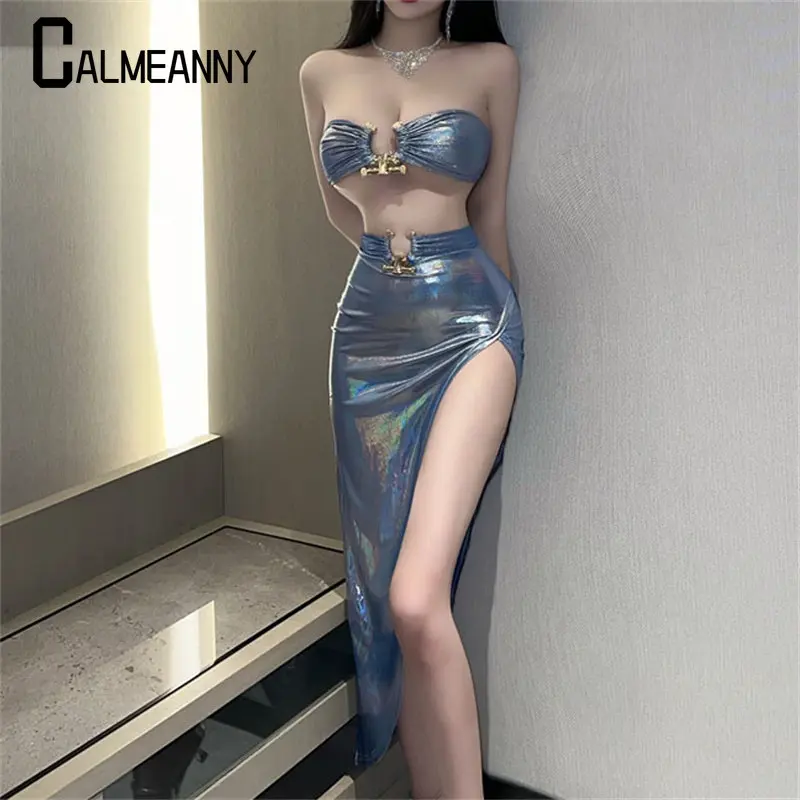 

Women's Clothing 2023 Summer New Style Sexy SleevelessBreast Wipe Top High Waist Split Bag Buttocks Midi Skirt Two Piece Suit