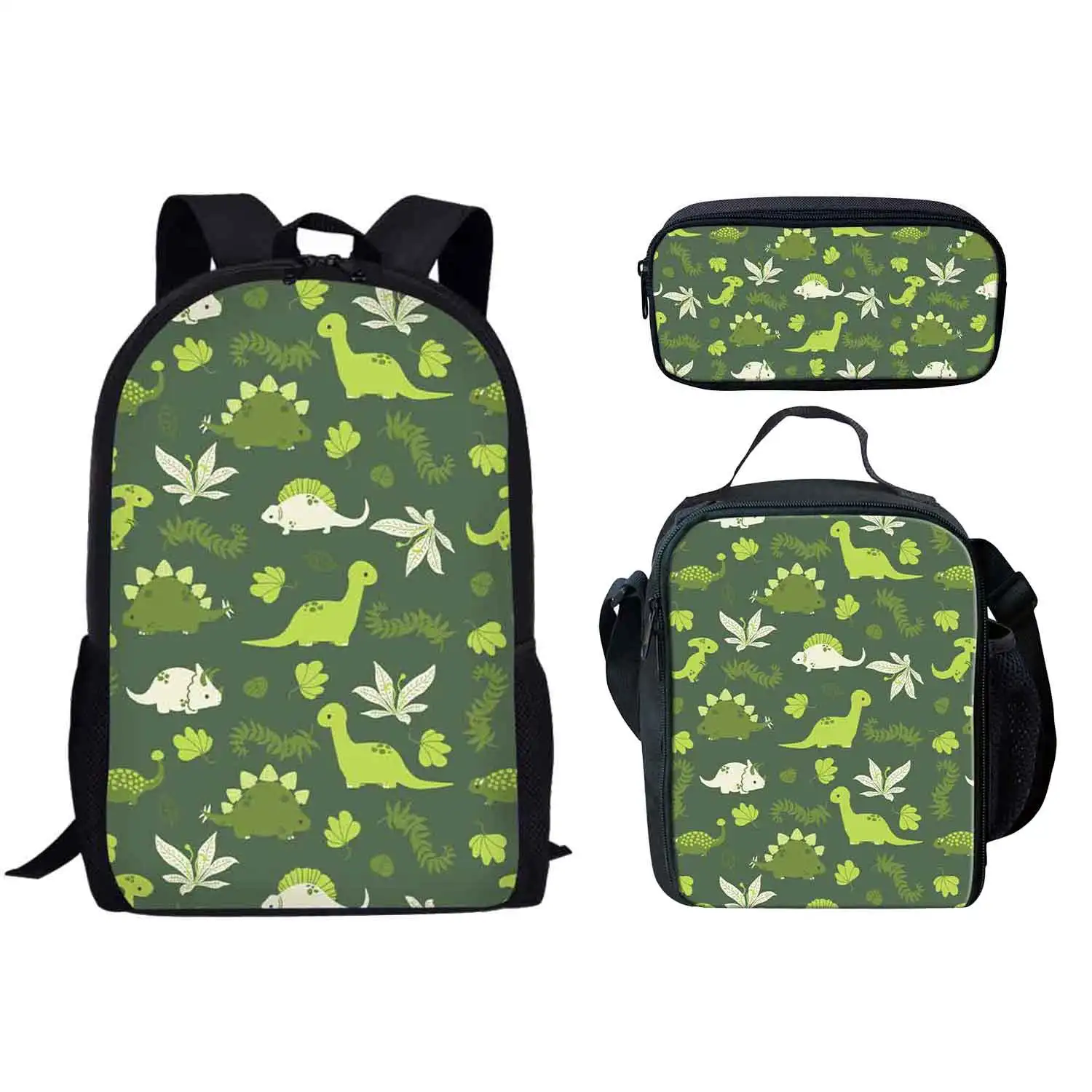 Cartoon Dinosaur Print Backpack Pencil & Lunch Bag Set Portable Travel Children's Knapsack Durable Large Capacity School Bags