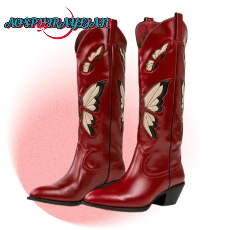 Women's Vintage Retro Western Cowboy Sewing Floral Boots 2023 Knee High Embossed Butterfly Cowgirl Shoes