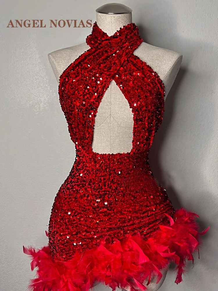 

ANGEL NOVIAS Red Sexy Mini Sequins Prom Dresses 2023 with Feather African Black Girl Cocktail Party Homecoming Graduation Dress