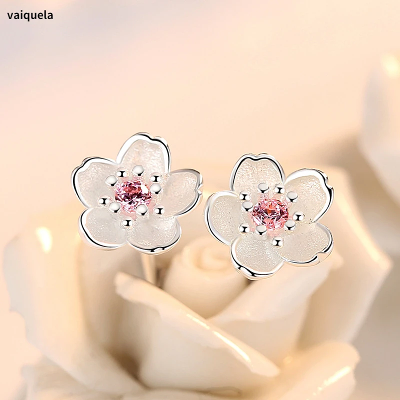 

Silver 925 Jewelry Sterling Silver Earrings Cherry Blossom Inlaid Pink Zircon Ear Studs Simple and Popular Earrings for Women