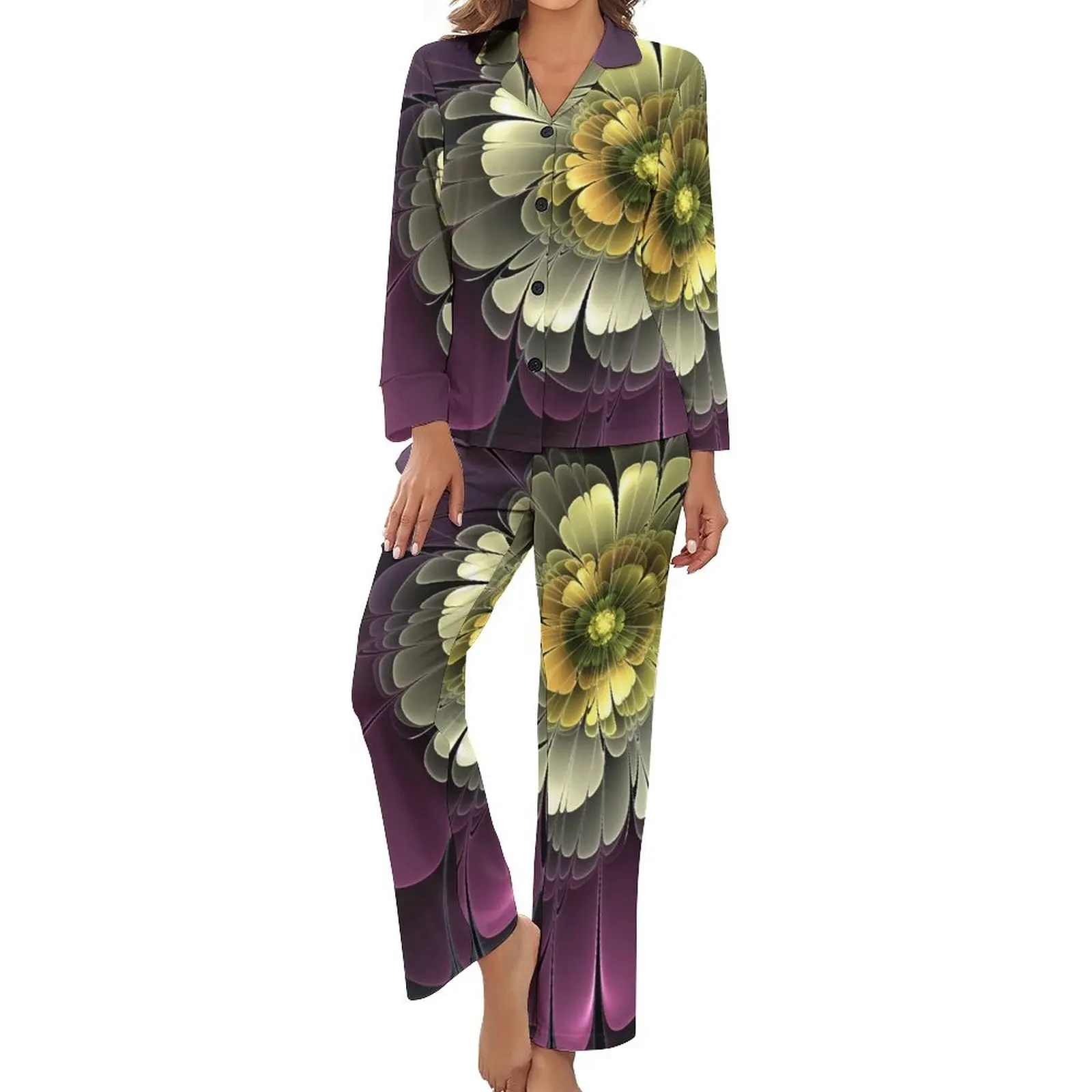 

Purpur Floral Pajamas Female Abstract Modern Art Romantic Nightwear Autumn Long Sleeve 2 Pieces Casual V Neck Custom Pajama Sets