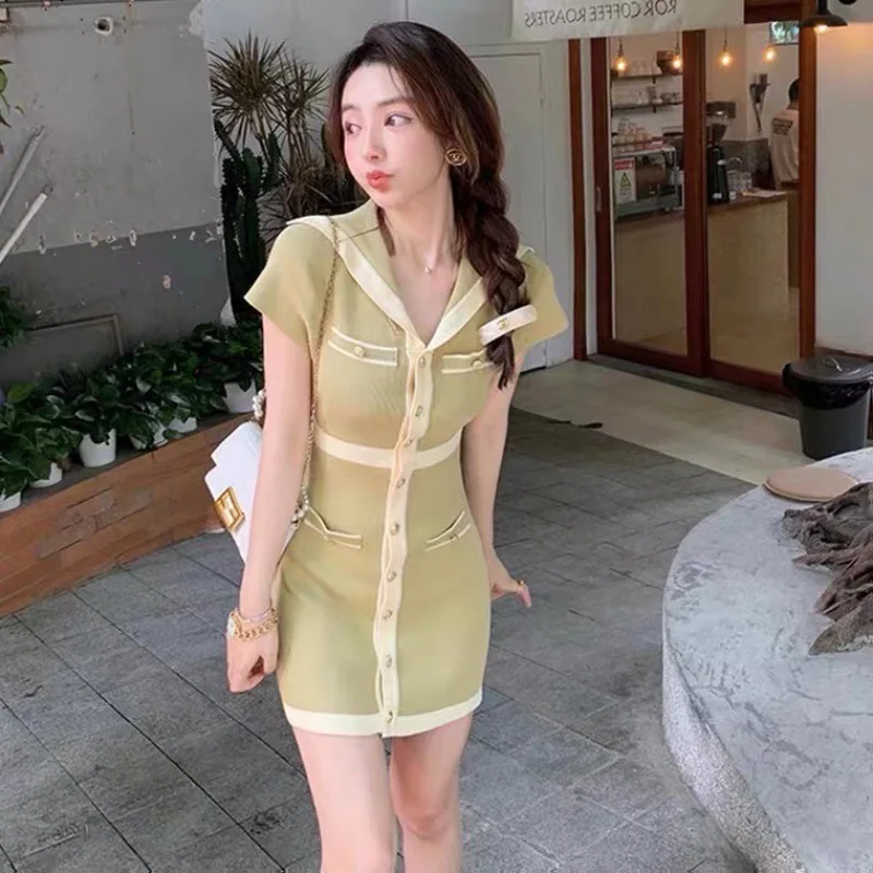 

CUPNICE Sweet Bodycon Knit Chic Mini Dress Sexy Short Sleeve Single Breasted Night Club Shirt Dress Summer Vestidos Women 2022