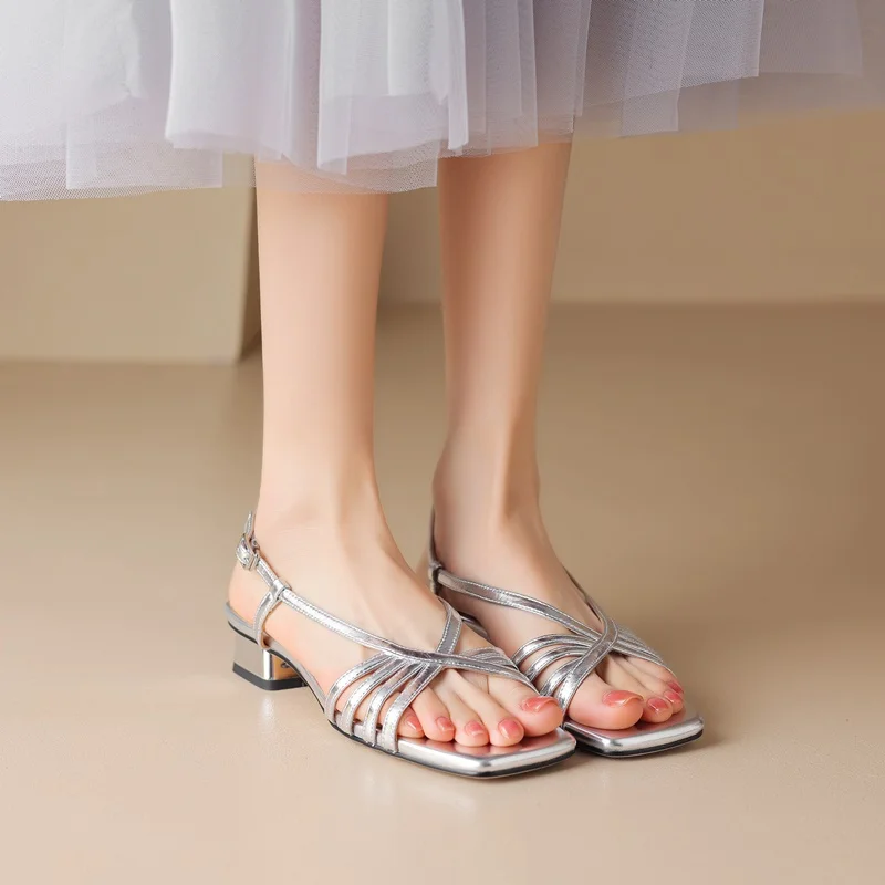 ZVQ Woman Fashion Sandals Genuine Leather Upper Open Toe Brand Summer Shoes Back Strap Square Low Heel Ladies Party Footwear