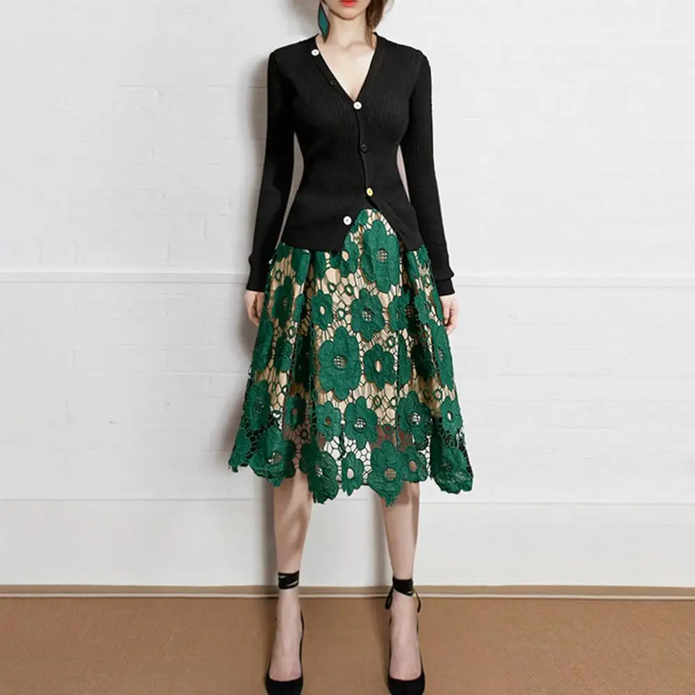 

Women Skirt Women Elegant Fashion Flower Embroidery Hollow Out Lace Skirts Elastic Waist Double Layers High Waists A-line Skirt