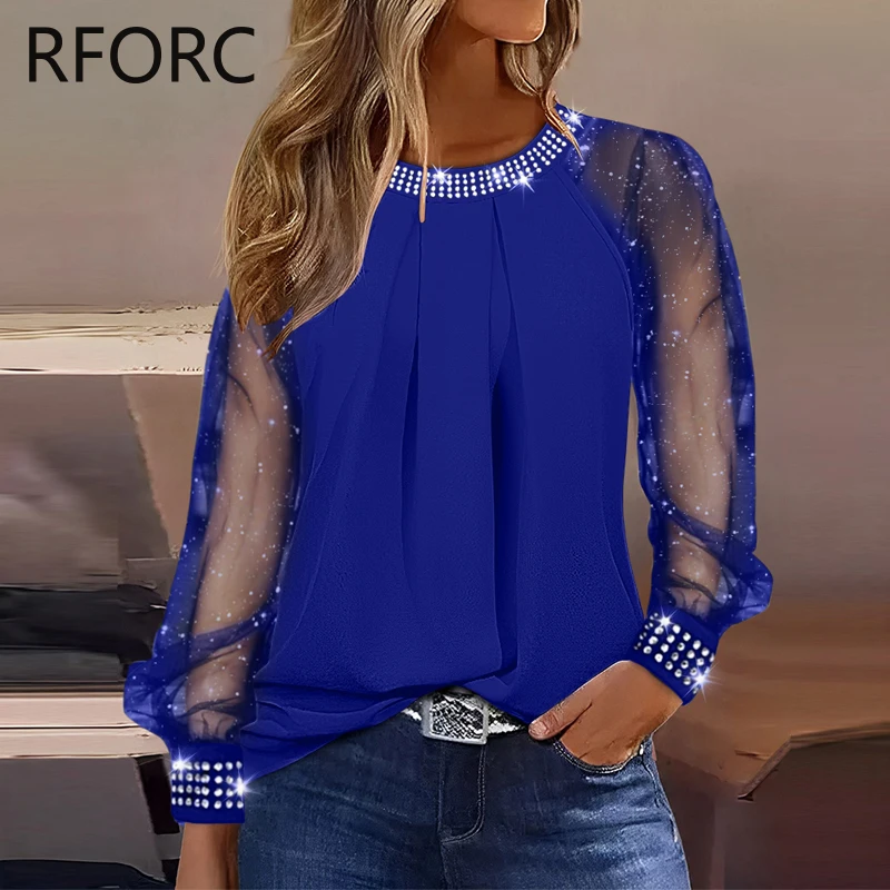 Женская блестящая блузка с круглым вырезом повседневный черный топ 2023