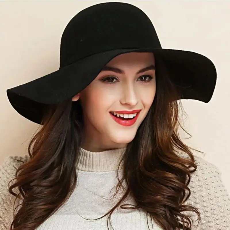 

New Fashion 100% Wool Big Brim Fedoras Hat Travel Sun Protection Round Top Ladies Multi-Color Leisure Tie Rope Decoration