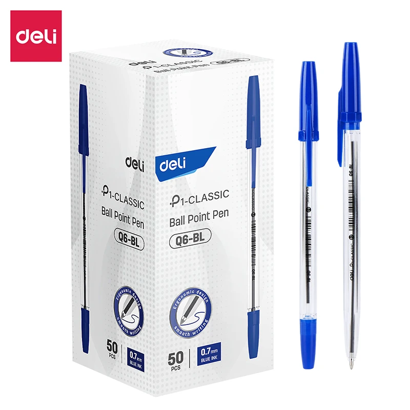 Deli 50pcs/Box Ball Point Pen Plugged 0.7mm Blue Ink Smooth Writing Office School Stationery EQ6-BL