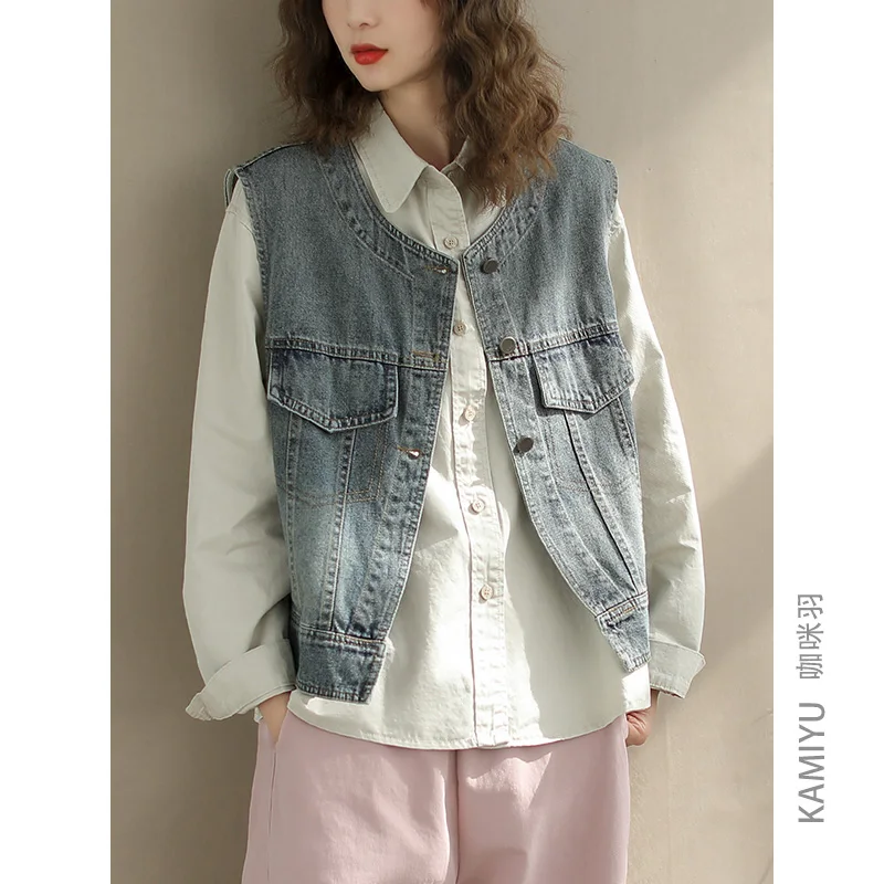 Осенний новый джинсовый жилет в стиле ретро маленький свободный уменьшающий