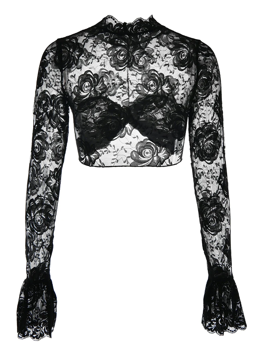 

Women s Floral Lace Sheer Crop Tops with Long Sleeves and Round Neckline featuring Mesh Detailing and Navel-Baring Design