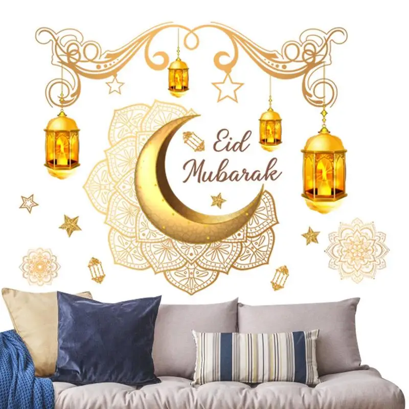 

Eid Festival Gold Hanging Moon Lantern Stars Eid Al Adha Self Adhesive Wall Stickers Living Room Wall Decals Home Decoration