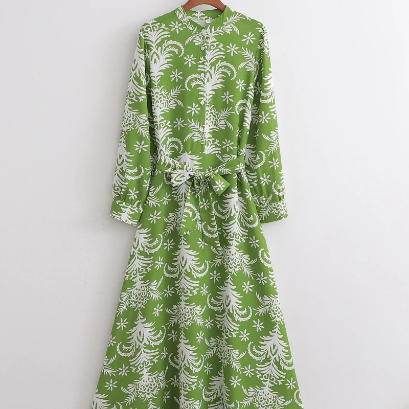 

2022 Summer Women's Fashion Belt Green Print Midi Dress Vintage Long Sleeve Front Button New Women's Boho Dress Vestidos