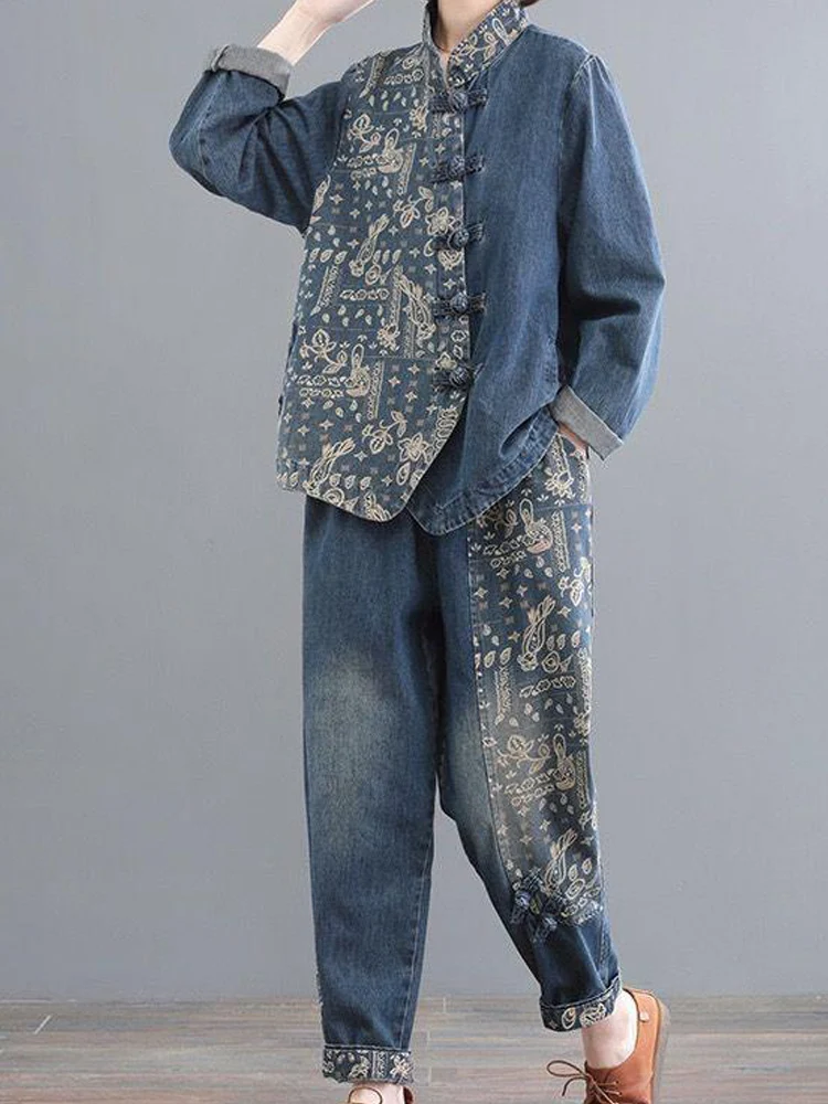

Женский джинсовый костюм из двух предметов, однобортный лоскутный топ с длинными рукавами и дисковыми пряжками, брюки до щиколотки, весна