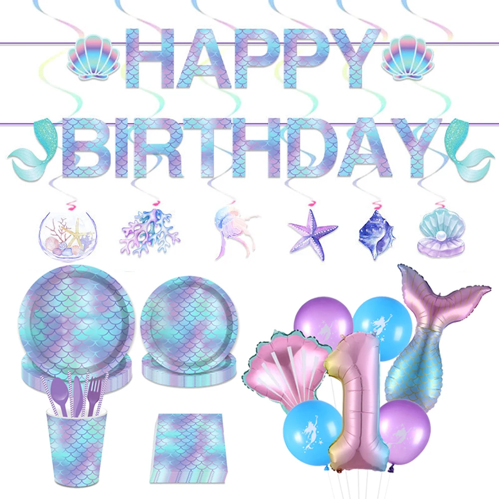 

Mermaid Birthday Party Disposable Tableware Set Under The Sea Party Little Mermaid Girls 1st Birthday Decoration Shell Balloons