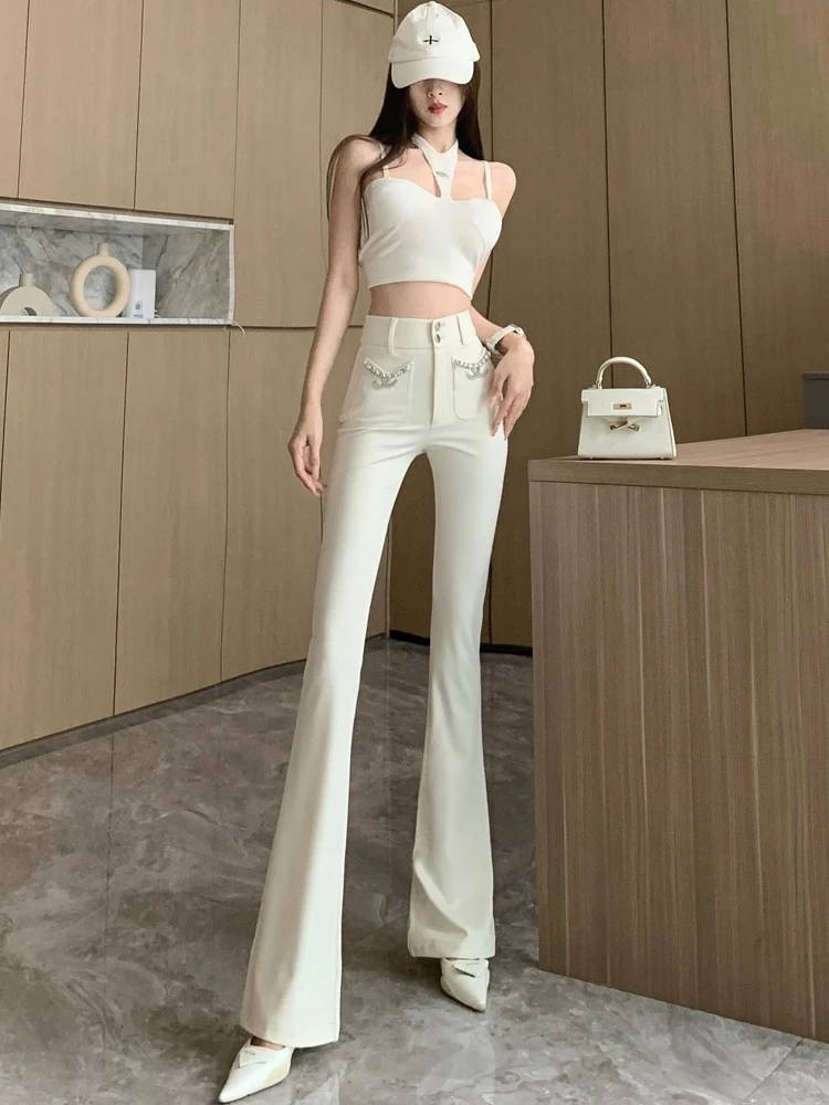 Белые микро расклешенные Костюмные брюки для женщин на весну и осень с высокой