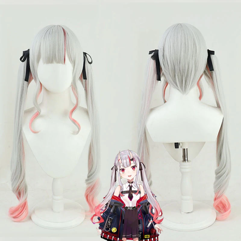 

VTuber Nakiri Ayame парик кудрявые хвосты Hololive Косплей смешанный серый розовый 100 см длинные волосы Youtuber Girls Nakiri Ayame костюм