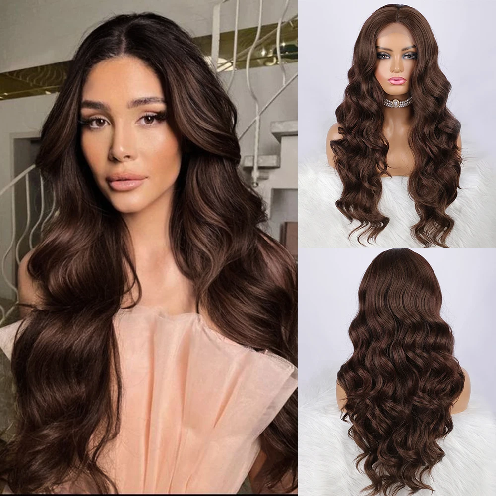 

Stamped Glorious Long Wavy Synthetic Wig for Women Brown Body Wave Natural Looking Wig for Daily Use Heat Resistant Hair