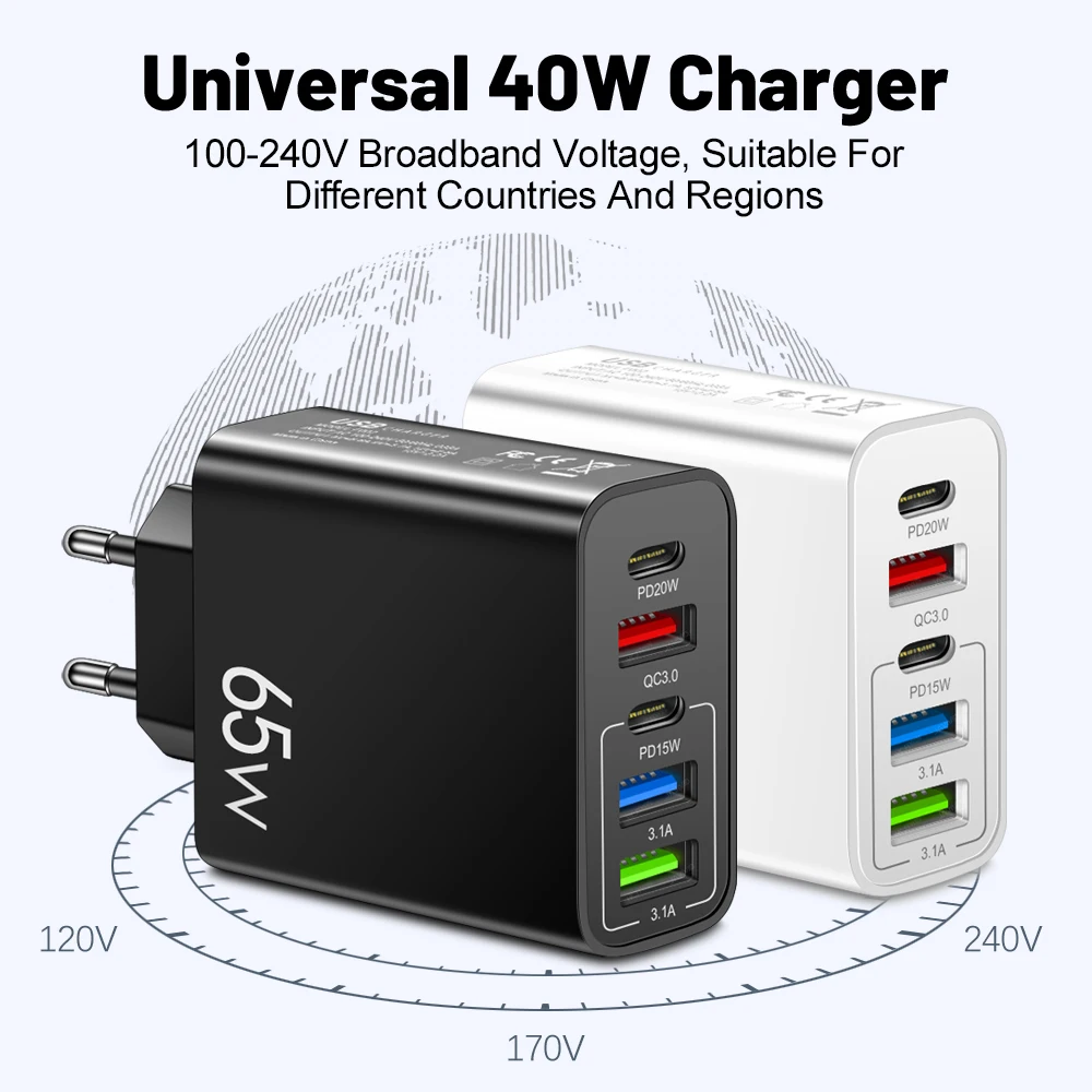 USB Charger 65W Fast Charging Type C Quick Charger 3.0 5 Ports Phone Charger Adapter For iPhone 14 13 Samsung Xiaomi 12 Poco