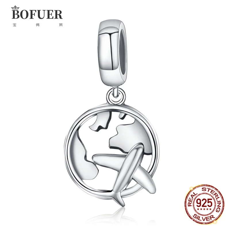 

BOFUER Hot Sale Fit Original Pandora Charm Bracelet Retro Airplane Aircraft Blue Sky Cloud 925 Sterling Silver Dangle Pendant