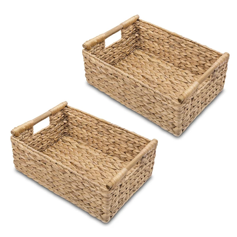 

2X Small Wicker Baskets For Organizing Bathroom, Hyacinth Baskets For Storage, Wicker Storage Basket With Wooden Handle