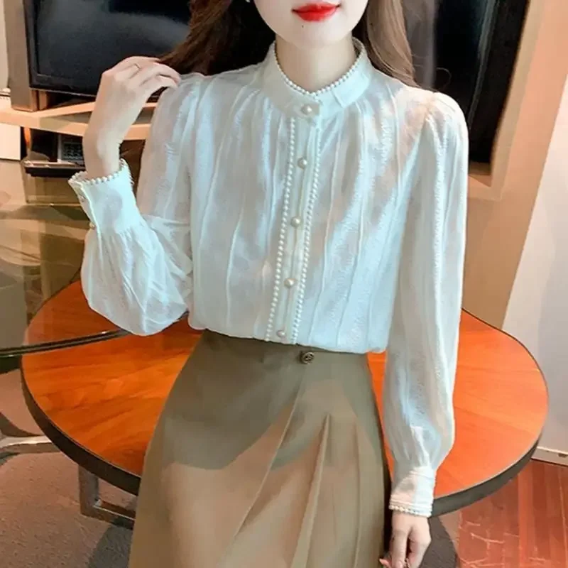 Рубашка женская однотонная с длинным рукавом модный кружевной топ в стиле