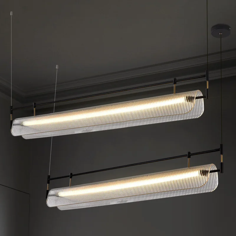 

Modern Minimalist Long One-Line Led Warm White Dimming Golden Dining Pendant Lamp Office Lighting Metal Paint Acrylic Fixture