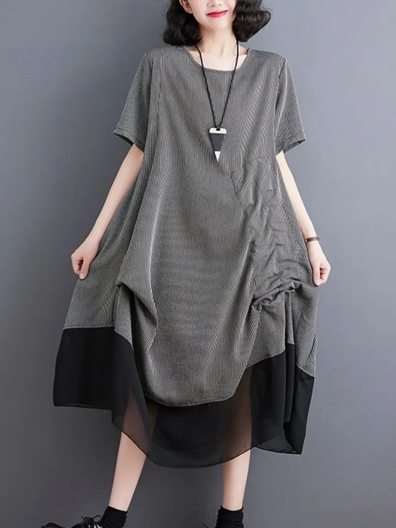 Women Pullover Patchwork 2023 Summer Fashion A-line Mid Calf Loose Waist O-neck Streetwear Half Sleeve Oversized Shirring Dress