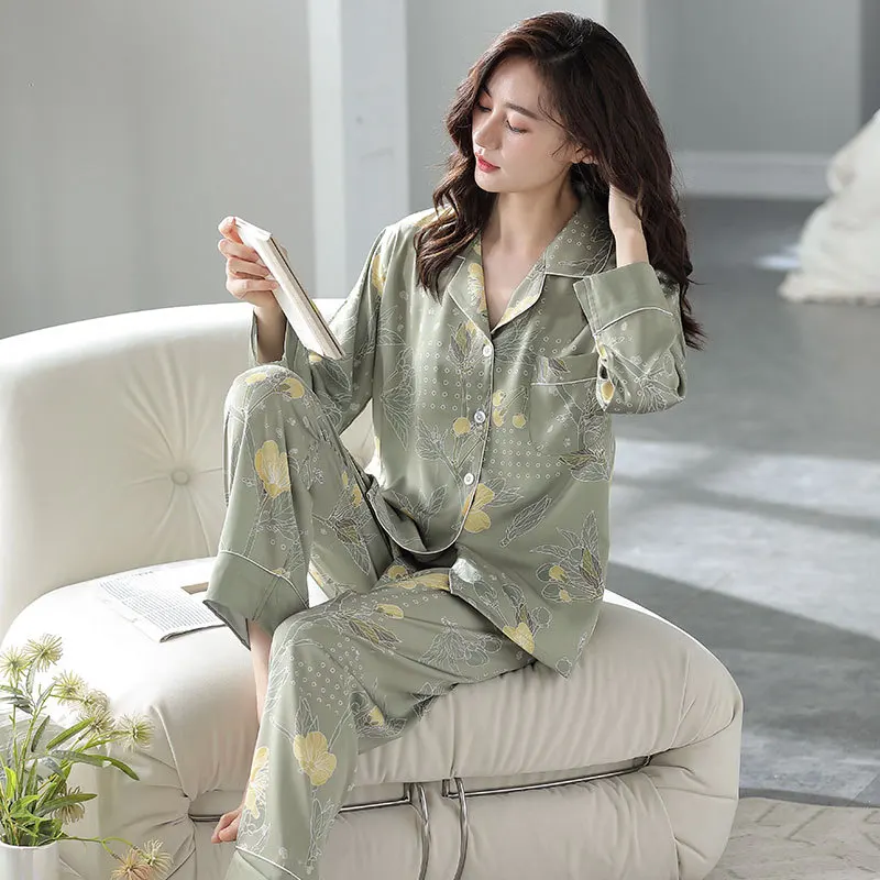 

Комплект из двух предметов, женская одежда для сна, пижамный комплект, домашняя одежда для весны и осени, брюки из вискозы и хлопка с длинным рукавом, костюмы XXXL