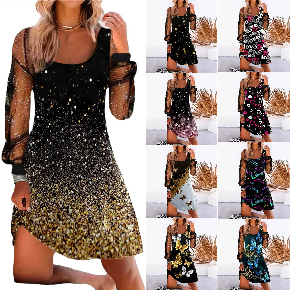 

Women 2022 Loose Vintage Ruffles Dress Sexy Printed Spring Long Full Sleeve Boho Casual Party Lace Dresses Plus Size