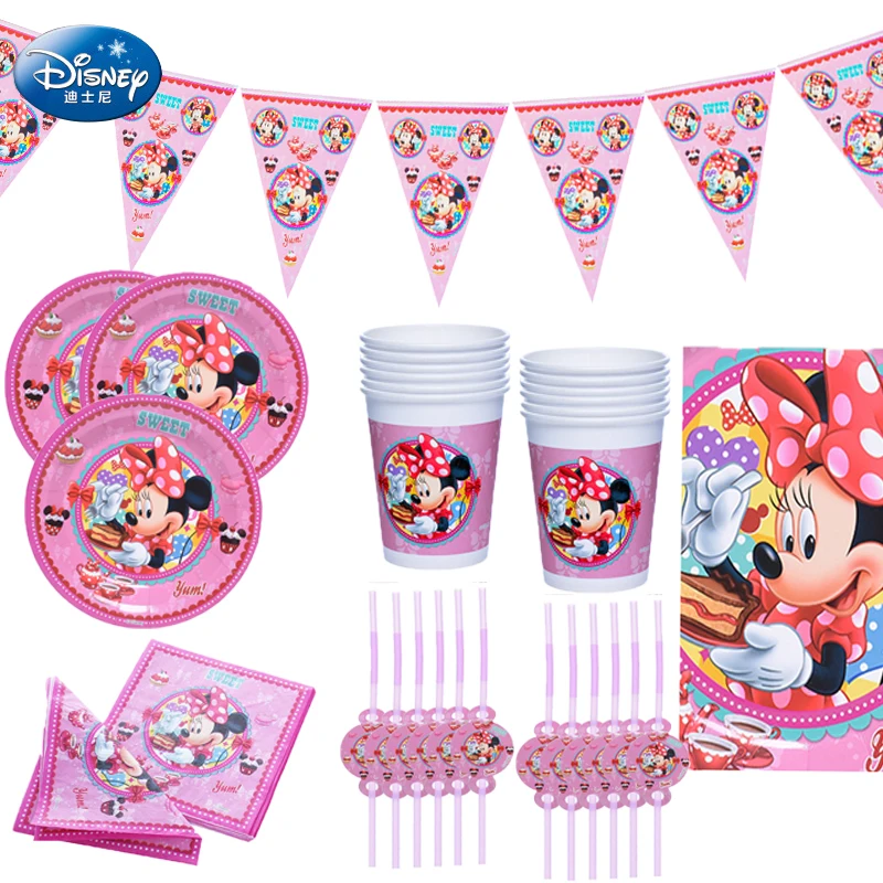 

69pcs Minnie Mouse Disposable Tableware Set Kids Birthday Party Supplies Paper Plate Cup Napkin Flag Girl Pink Cake Decoration