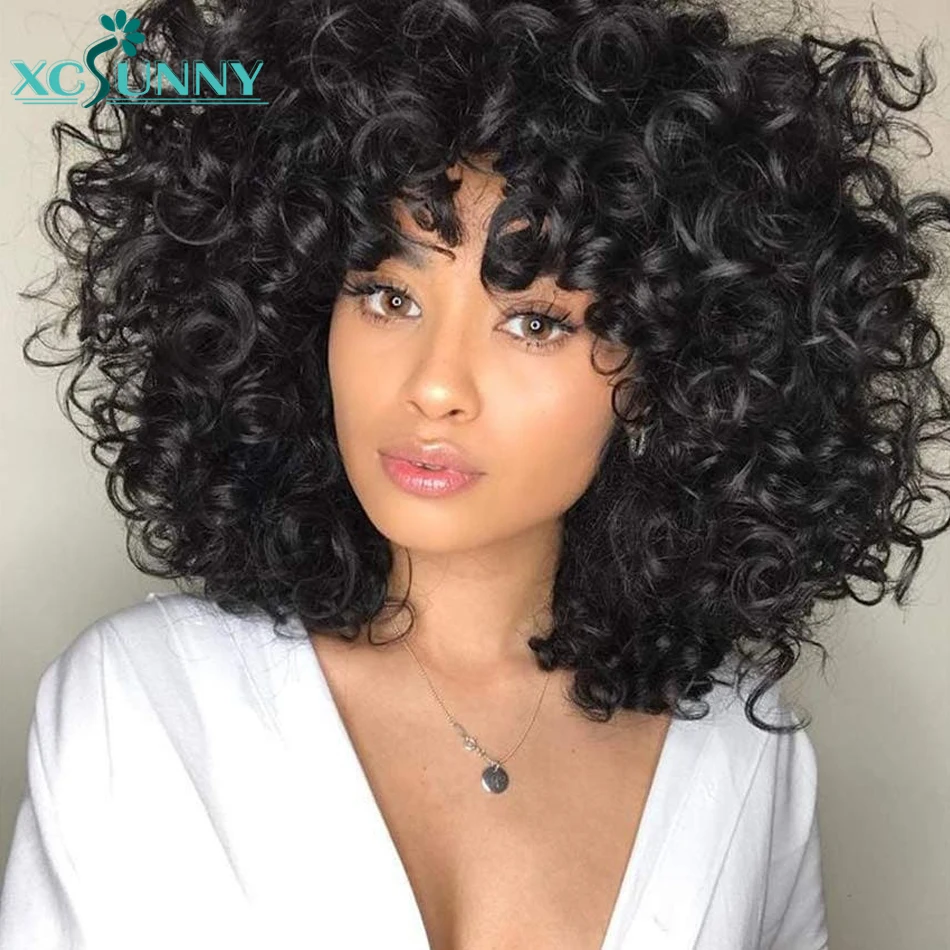 

Bouncy Curly Human Hair Wig With Bangs Pixie Cut Bob Wigs Romance Curl Human Hair Wig Full Machine Made Scalp Top Wig For Women