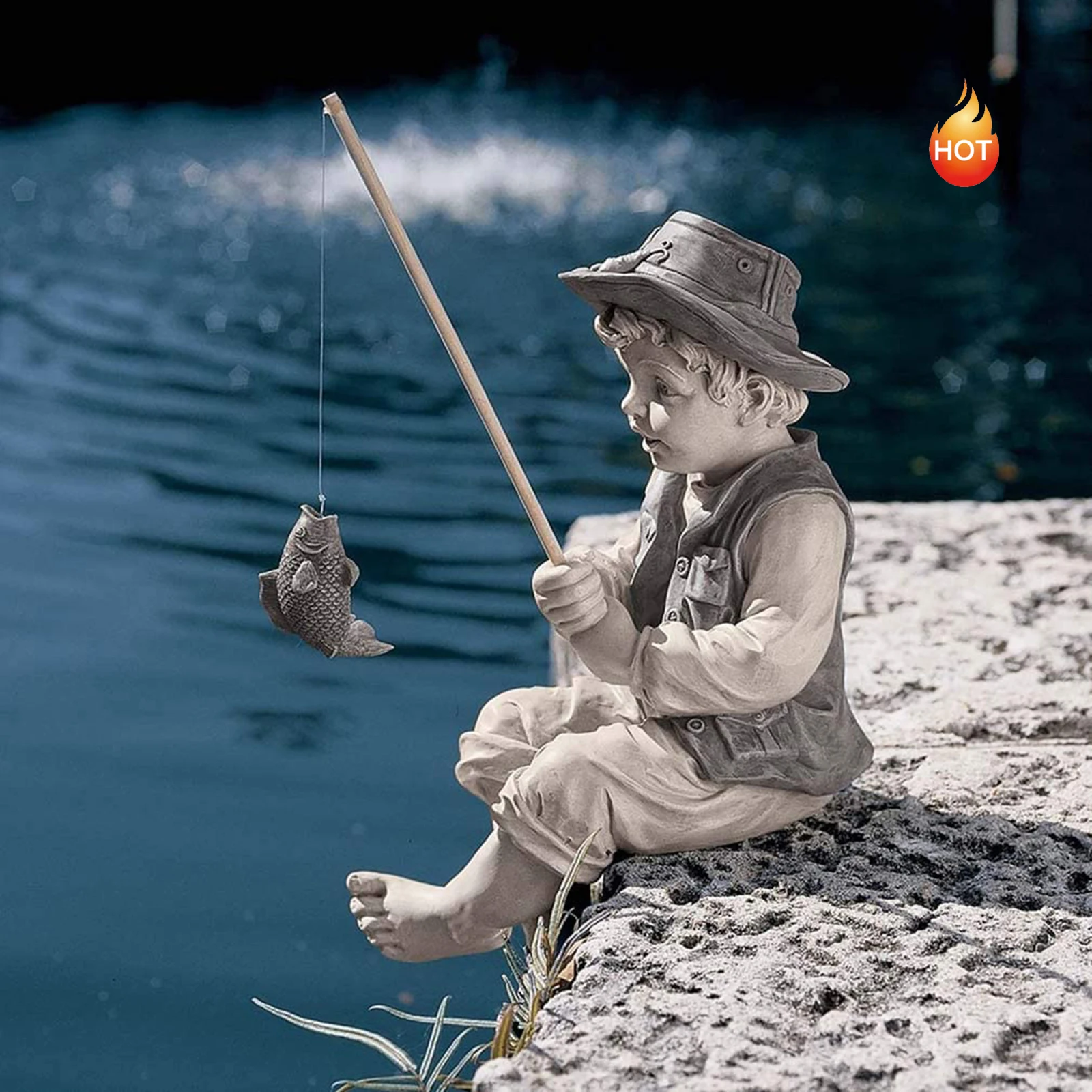 Garden Statue Resin Fisherman Gone Fishing Boy Garden Sculpture Ornaments with Fishing Rod Figurine Sculpture for Pool Pond Yard images - 6