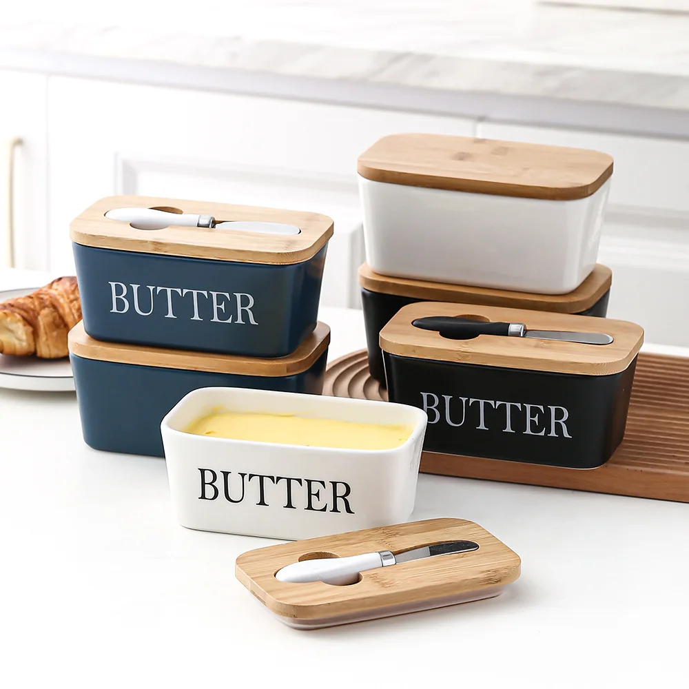 Rectangular ceramic butter box sealed can butter box with knife Western style household cheese box containers food container