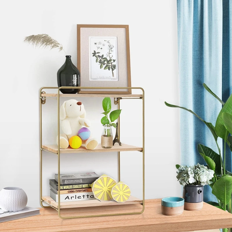 

Wall Mounted Shelf Wood Hanging Storage Shelves 3Tier With Solid Metal Floating Shelves For Living Room Bedroom Office