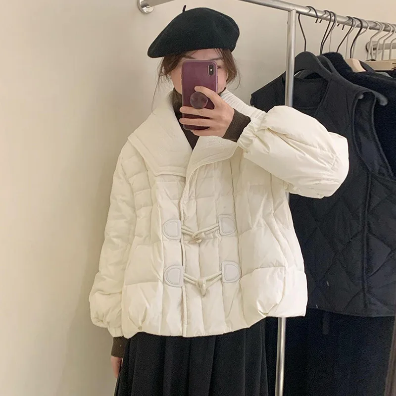 

New Horn Button Down Jacket Women's Winter Lapel Thin Cotton Jacket Solid Color Sweet Thick White Eiderdown Warm Short Coat