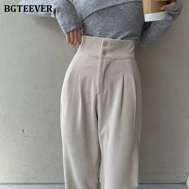 

BGTEEVER Fashion Women Corduroy Long Pant High Waist Double Button Loose Female Straight Leg Trousers Casual Pantalon Femme 2021