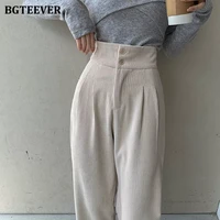 bgteever fashion women corduroy long pant high waist double button loose female straight leg trousers casual pantalon femme 2021