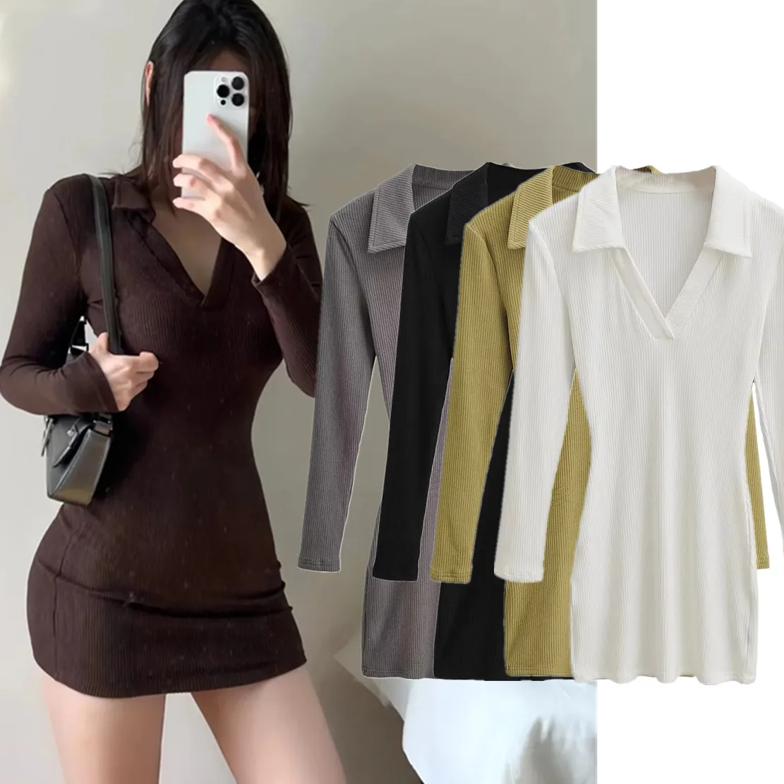 

Elmsk High Street Retro Autumn Dress Knitted Sheath Sexy Mini Dress Women