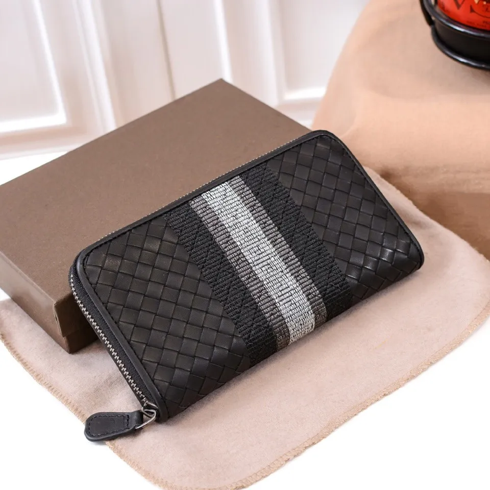 Fashion Zipper Wallets Famous Brand Weave Design Long Purses Genuine Leather Multi-function Coin Purse Cards Holder