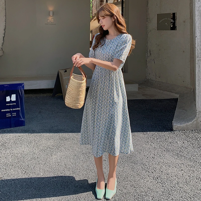 

Houthion Women Dress Chiffon Long High Waist Short Sleeve Fashion Print Bohemia Loose