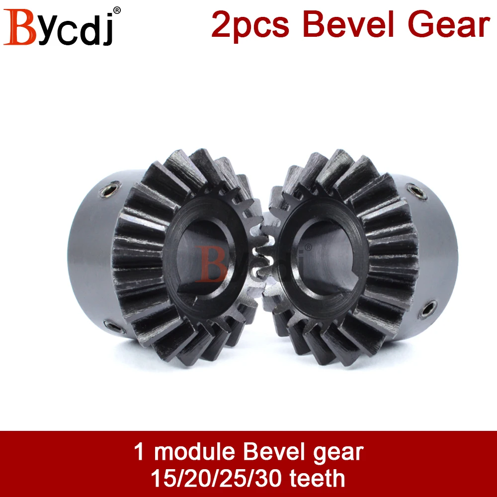 

2pcs Bevel Gear 1M 15/25/20Teeth 45#steel inner hole 5/6/8/10/12/14/15mm gear 90 degrees meshing angle Steel Gears Screw Hole M5