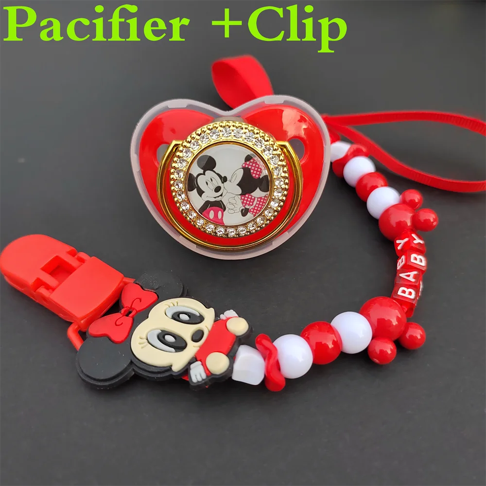

[1 Set] Mickey Mouse Deluxe Baby Pacifier with Chain Clip Newborn Metal Red Baby Fake Pacifier Pacifier 0-24 Months baby item