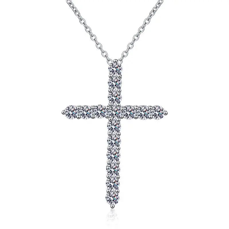 

S925 Silver Cross Moissanite Necklace 3mm 1.6ct D Color Real Moissanite Pendant Necklace Platinum Plated Pass Tester Gift