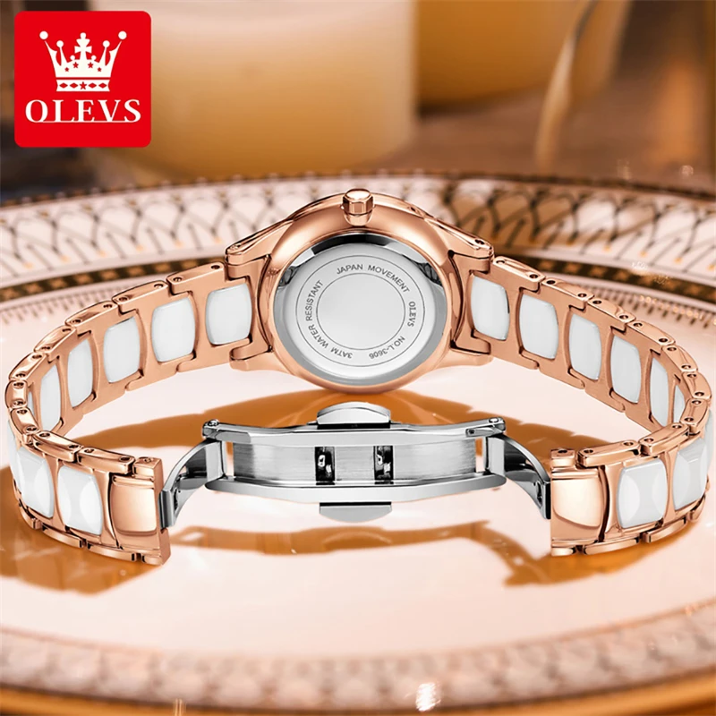 OLEVS Luxury Imported Movement Quartz Watch Bracelet Necklace Suit Womens Watches Top Brand Fashion Diamond Ceramic Wristwatch