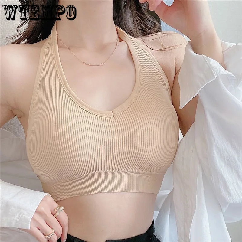 Tank Top  Camisoles Crop Halter Neck U-shaped Back Vest Bra Open Back with Chest Pad Solid Color Thread Sexy Bottoming