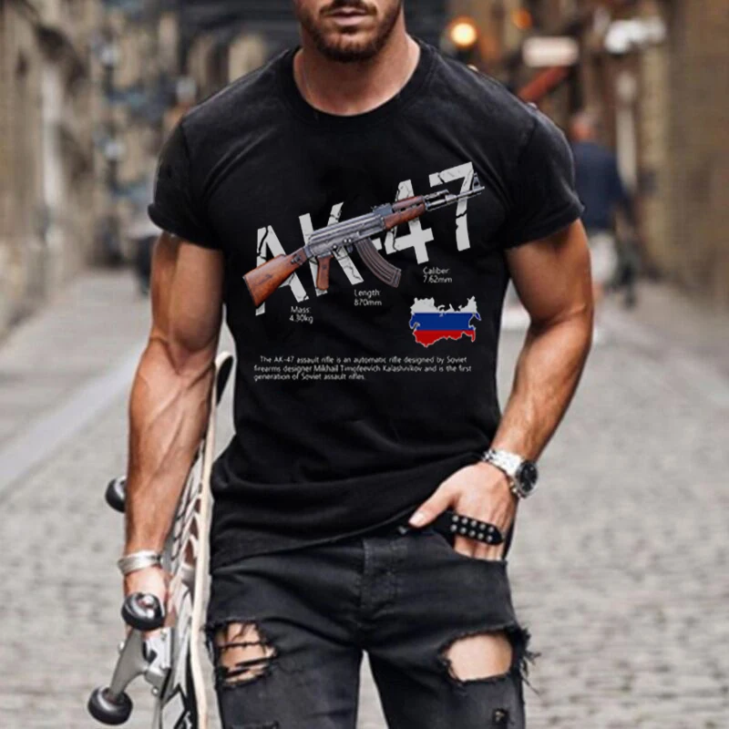 Men's solid color Tshirt rifle series AK47 Russian military fans Jedi game short-sleeved T-shirt men and women CS custom clothes